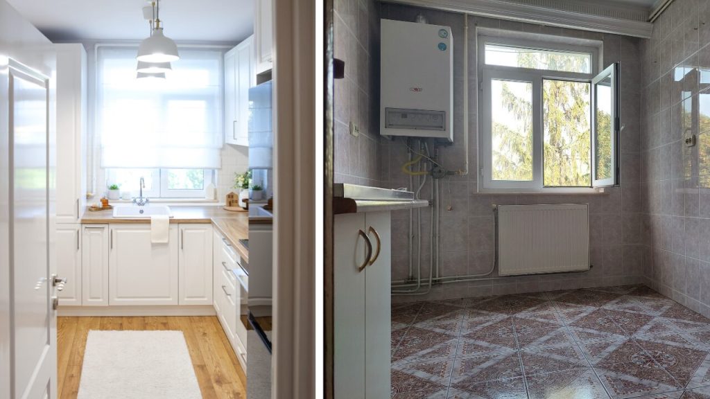 renovare apartament vechi inainte si dupa bucatarie demodata amenajare stil scandinav corpuri de mobilier albe