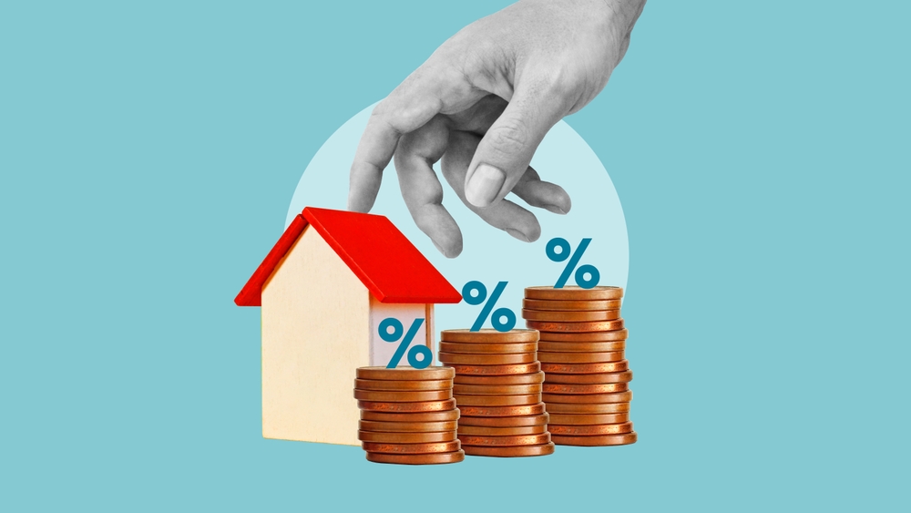 reprezentare stilistica si grafica impozit pe locuința 2026 cu mana spre casa si teancuri de monede