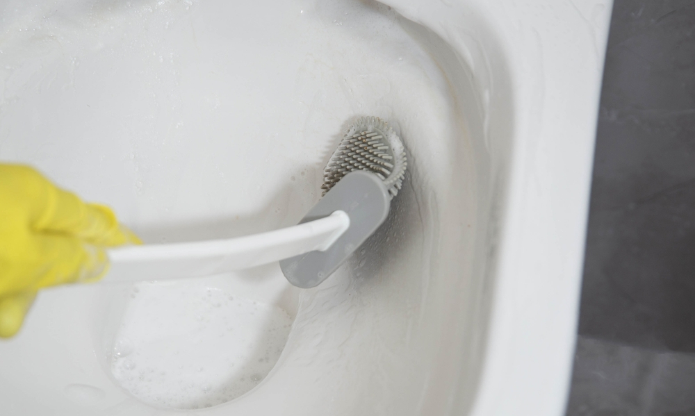 soluții curățare calcar de pe vasul de toaleta de către femeie cu mănuși si perie