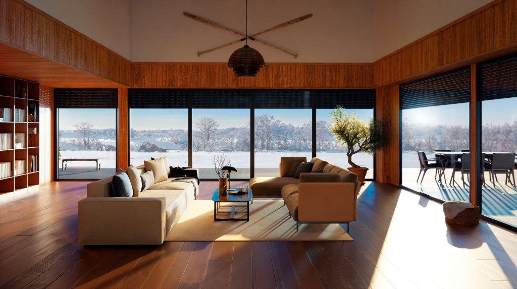 casa inteligenta cu ferestre mari doua canapele albe mult lemn