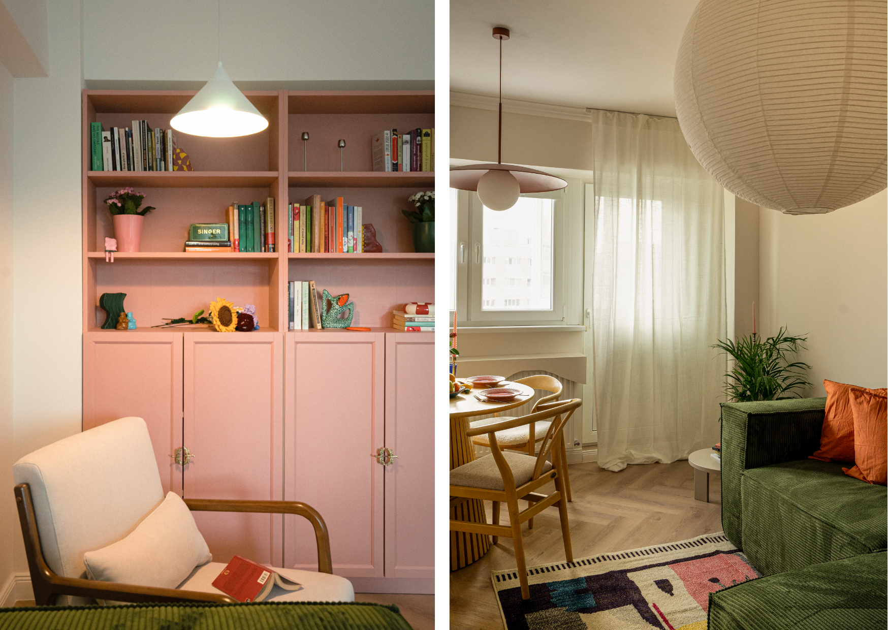 apartament colorat în bloc vechim colaj cu două fotografii dintr-un living cu bibliotecă roz canapea verde perne portocalii si masa rotunda din lemn natur cu scaune