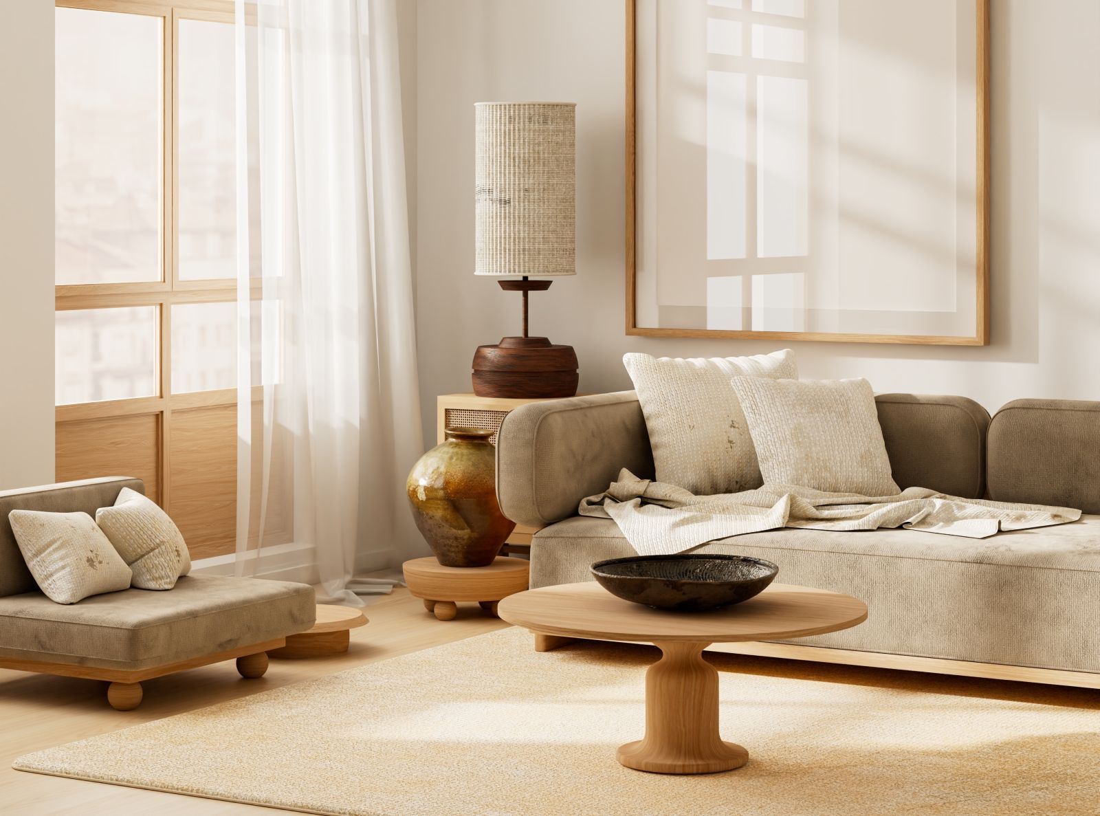 truc casă îngrijită living cu design wabi sabi în nuanțe neutre cu canapea crem măsuță din lemn și corpuri de iluminat