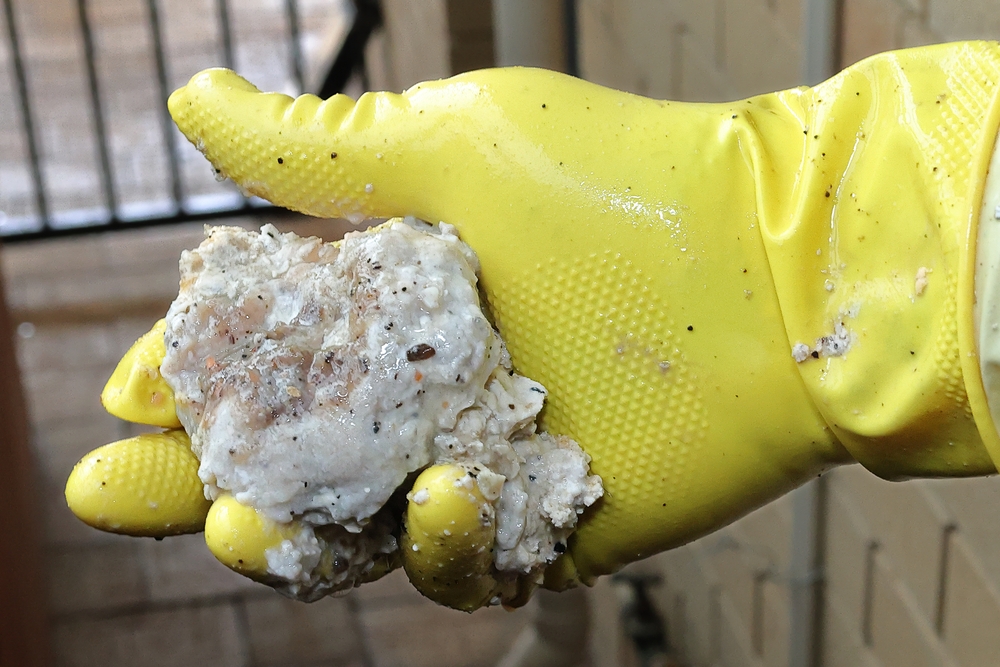 ulei uzat aruncat in toaleta sub forma solida ținut in mana de om cu mănuși galbene 