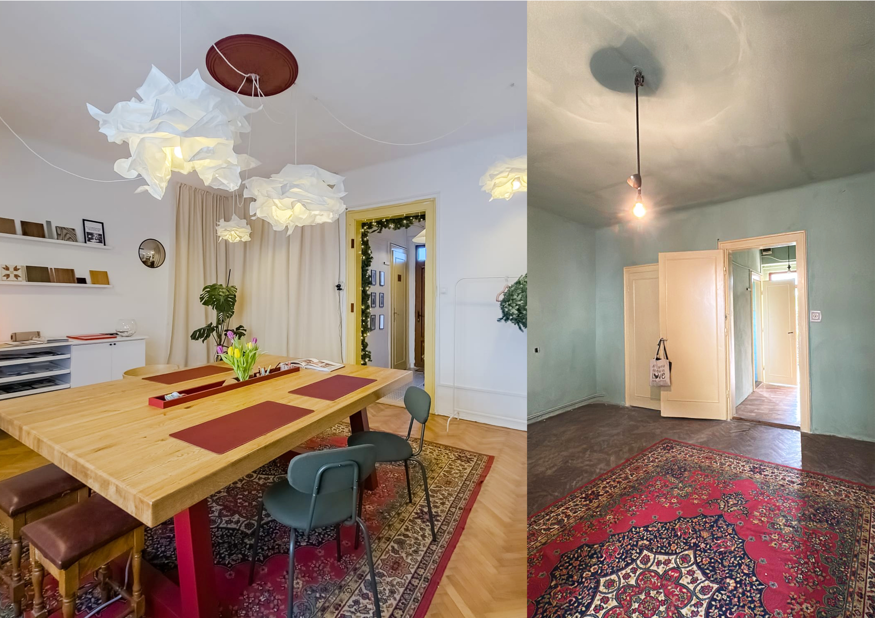 amenajare birou într-un apartament fotografie colaj before and after inainte si dupa renovare