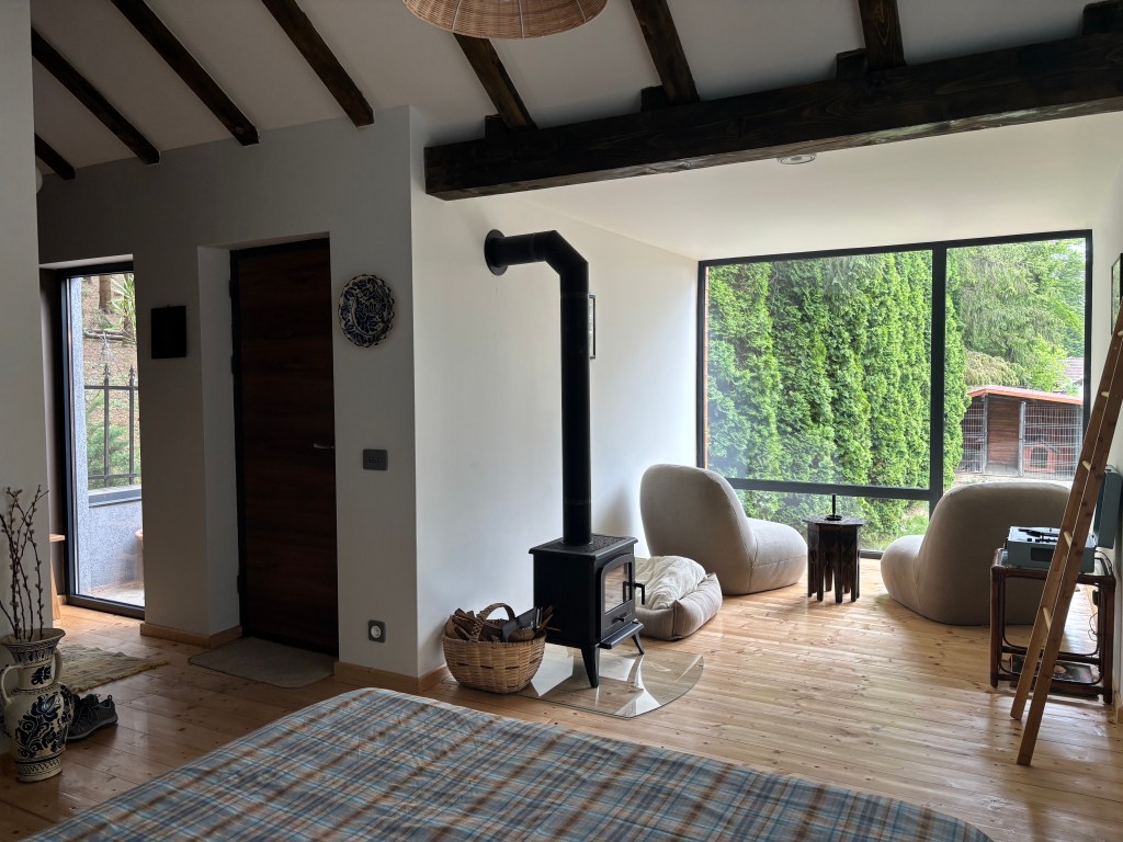 A transformat un fost spațiu de depozitare, distrus de un incendiu în anii 2000, într-un studio modern, la poalele Munților Baiului