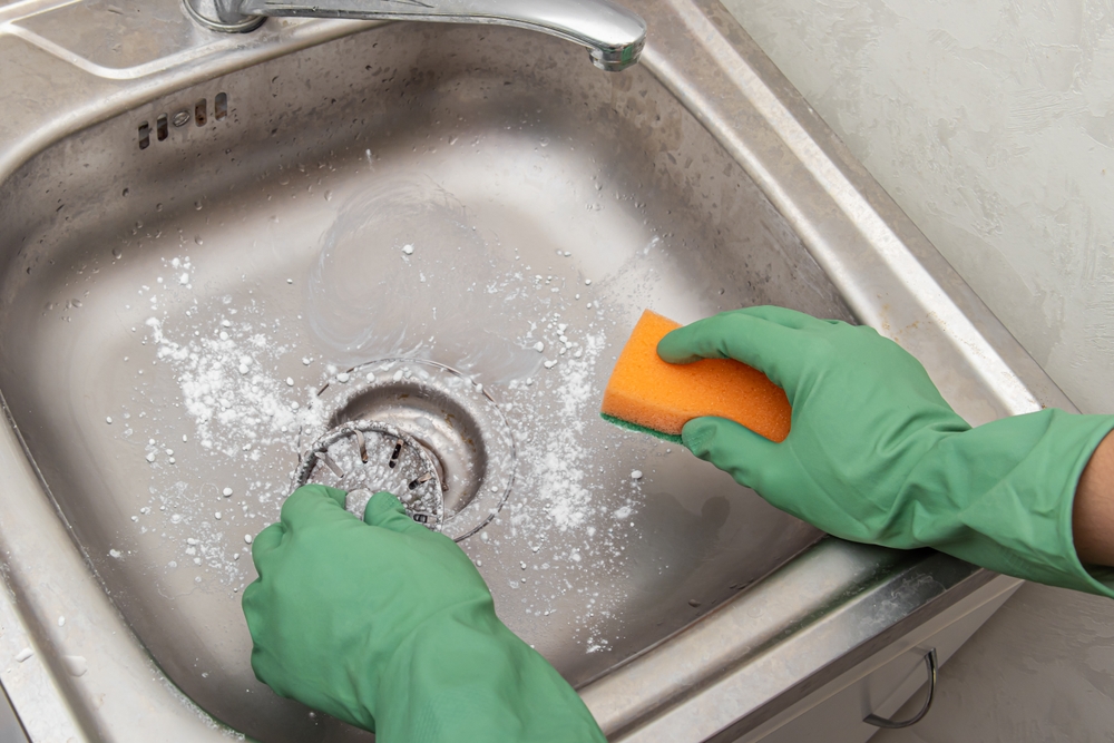 curățare chiuveta inox de persoana cu mănuși verzi si burete